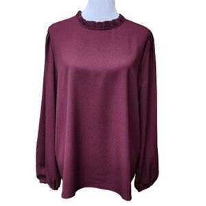 Worthington Burgundy Blouse NWT High Neck Ruffle Trim Workwear Classic Modest
